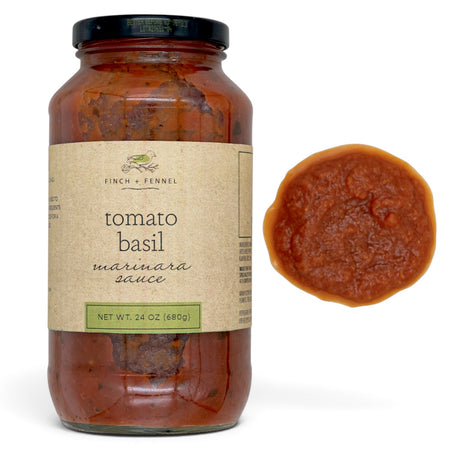 Finch + Fennel Tomato Basil Marinara Sauce in a 24 oz glass jar