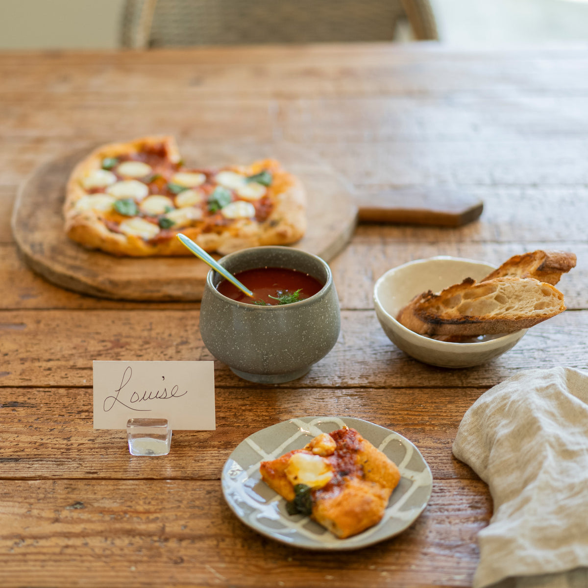Tomato soup and margherita pizza made with Finch + Fennel Tomato Basil Marinara Sauce