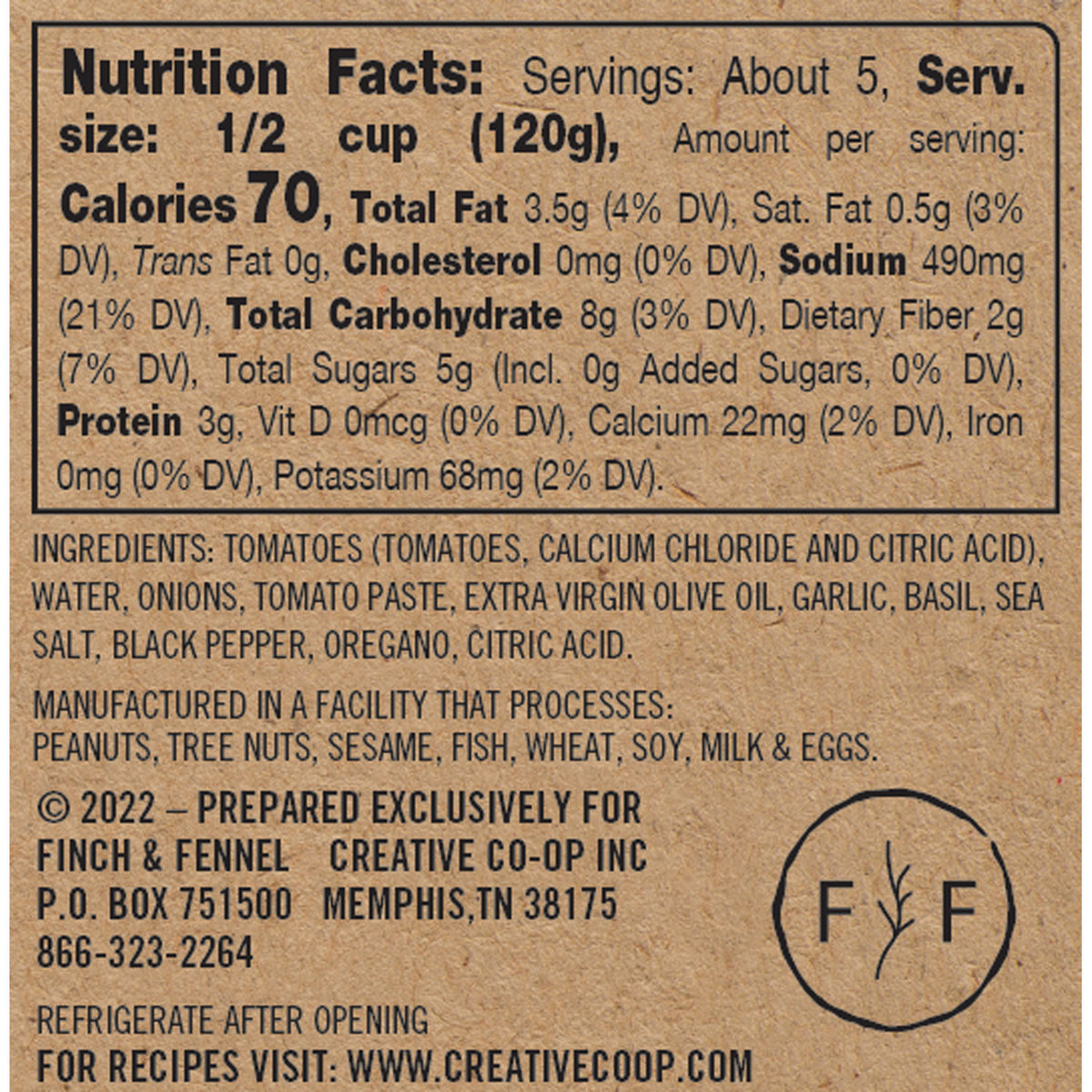 Nutrition facts and ingredients for Finch + Fennel Tomato Basil Marinara Sauce
