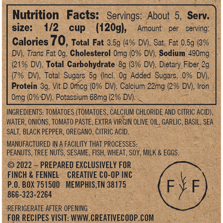Nutrition facts and ingredients for Finch + Fennel Tomato Basil Marinara Sauce