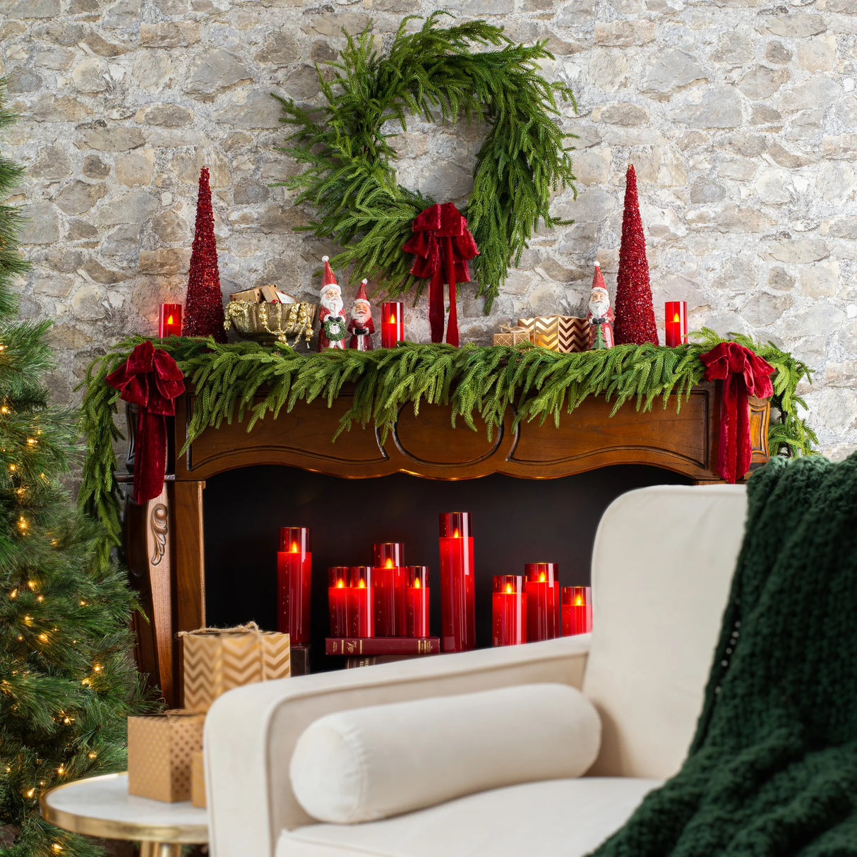 rubbery norfolk pine wreath above mantle