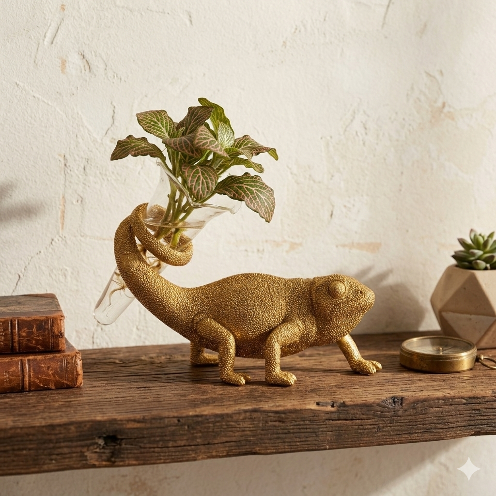 Gold Chameleon Bud Vase with Glass Tube