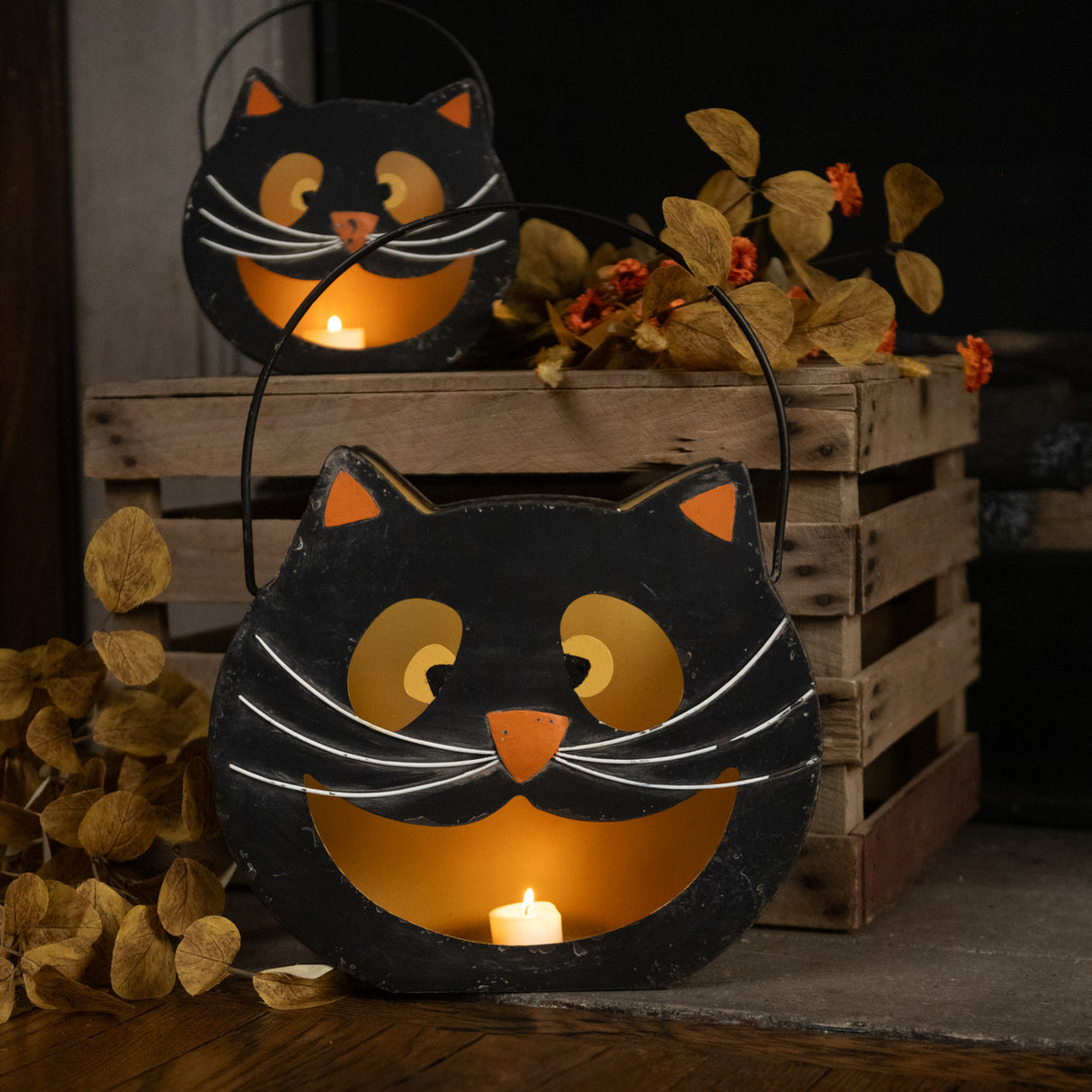 Retro Black Cat Halloween Bucket with Handle | 2 Sizes