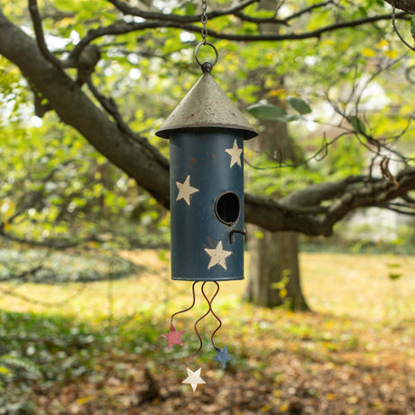 Blue & White Stars Firework Hanging Birdhouse