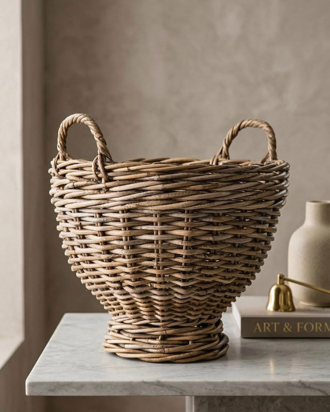 Handwoven Natural Rattan Footed Basket with Handles