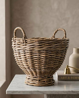Handwoven Natural Rattan Footed Basket with Handles