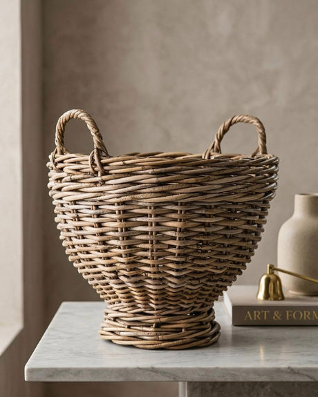 Handwoven Natural Rattan Footed Basket with Handles