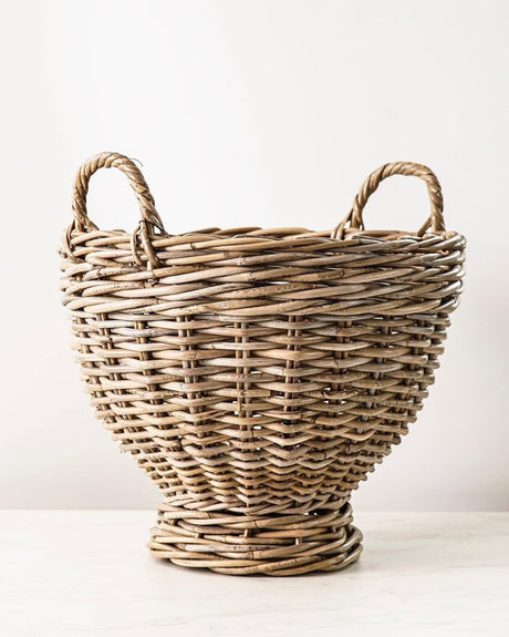 Handwoven Natural Rattan Footed Basket with Handles