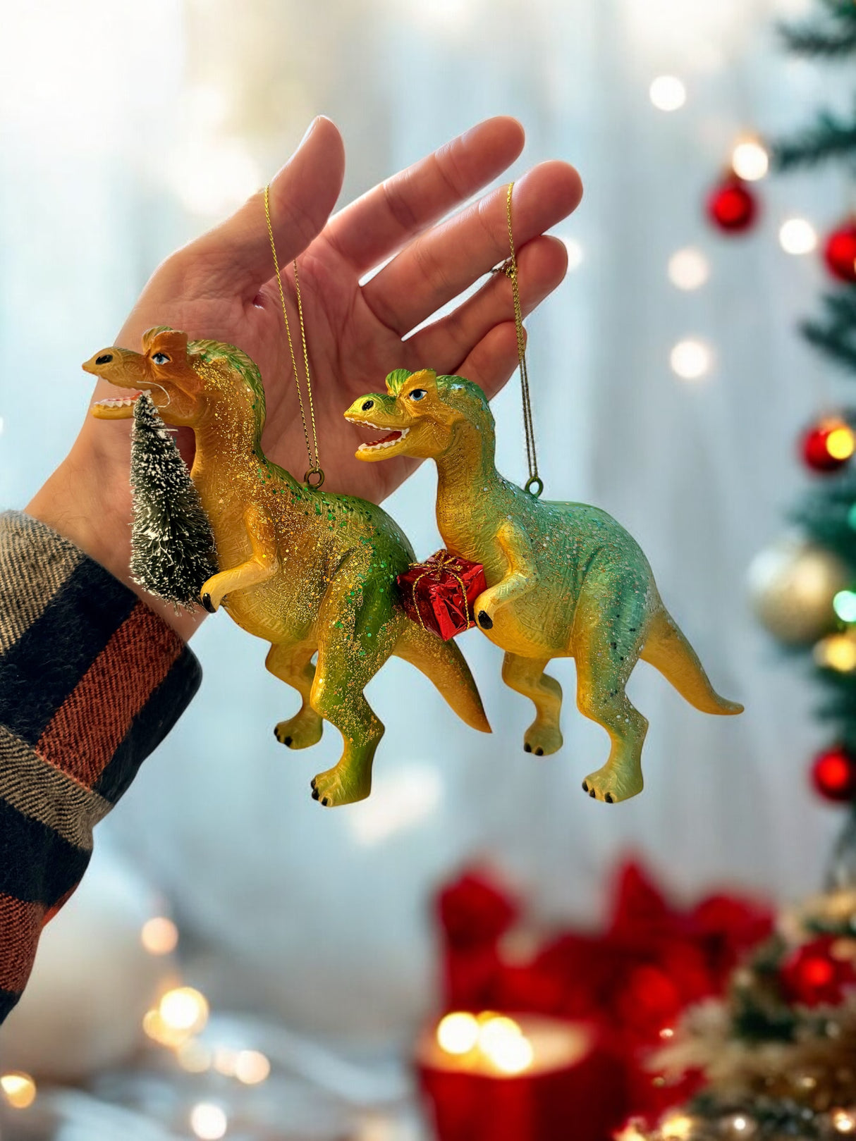 Glass & Resin Dinosaur with Tree/Present Glitter Ornaments