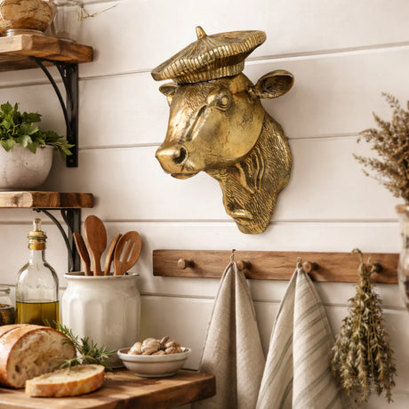 Antique Gold Aluminum Cow Head Wall Décor with Beret