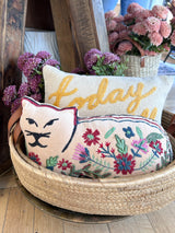 Embroidered Botanical Cat Velvet Accent Pillow