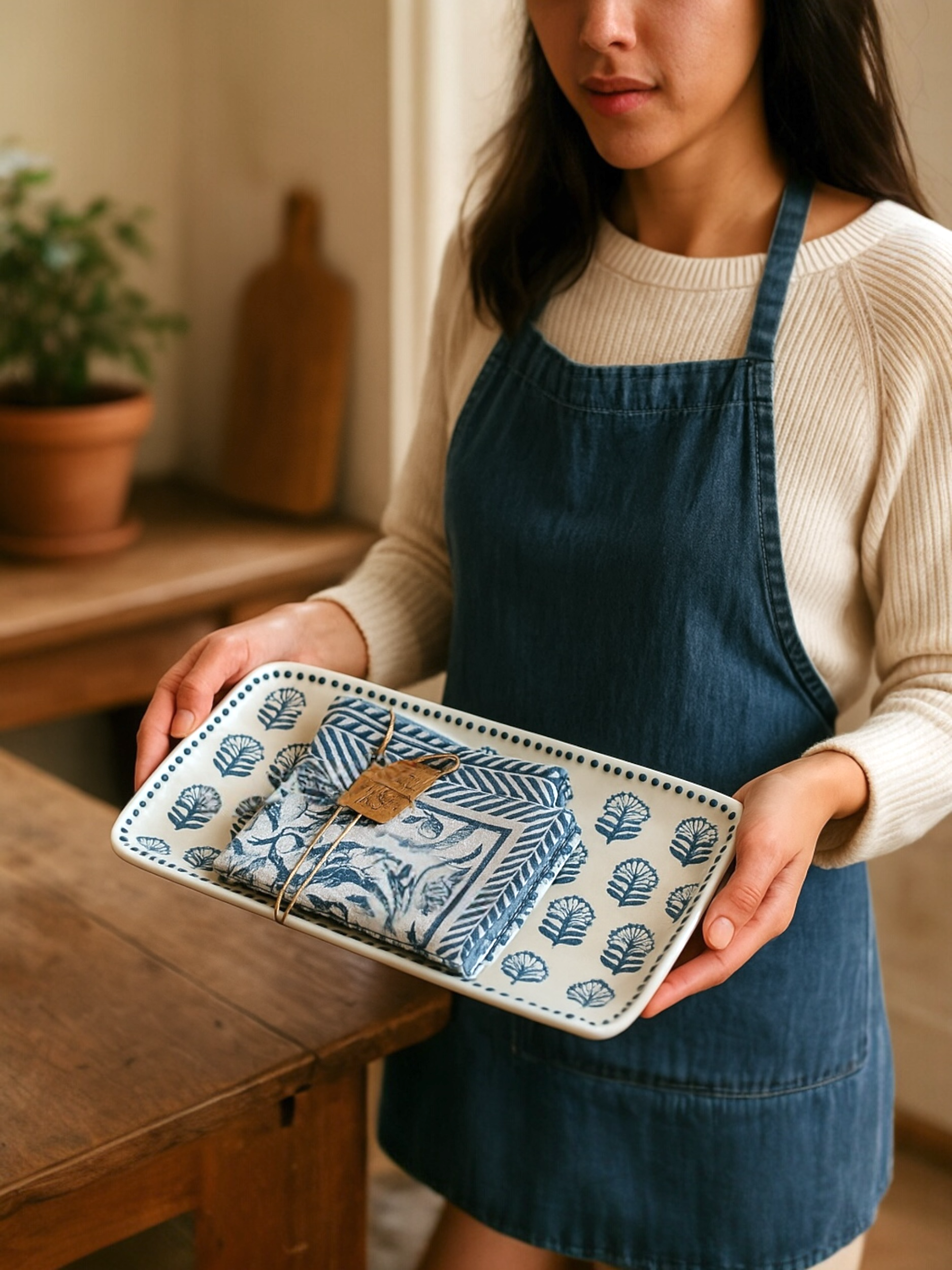 Blue Floral Block Print Tray & Towel Set - Thumbnail 2