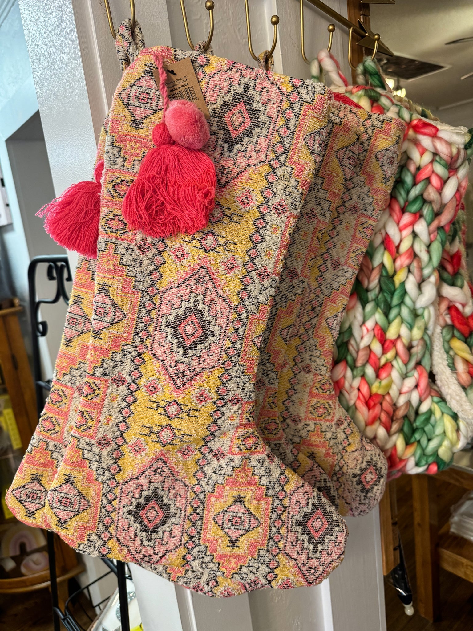 Western Woven Cotton Stocking with Tassel & Pom Poms - Thumbnail 4