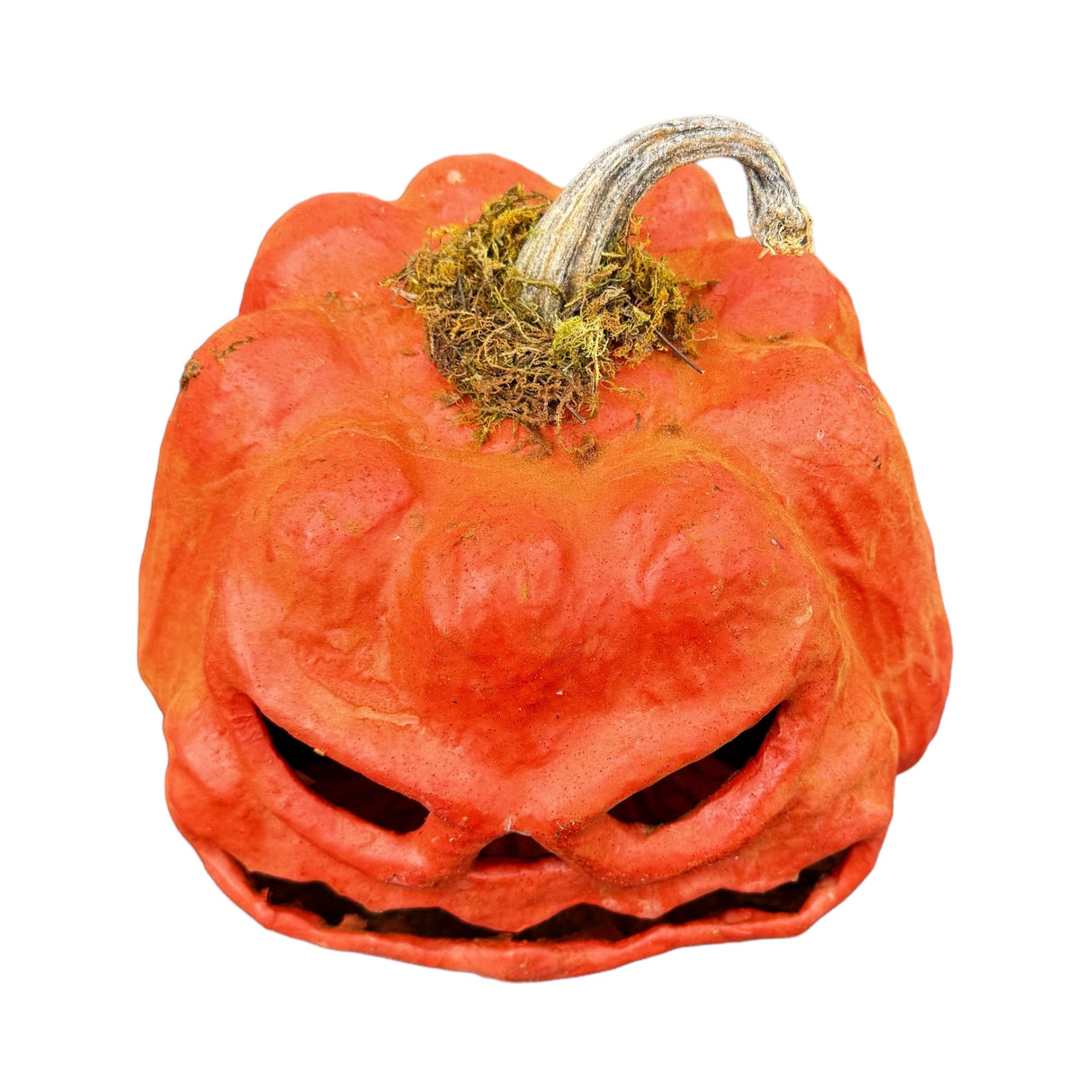 Distressed Paper Mache Orange Scary Face Carved Jack O'Lantern Luminary