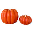 Two orange pumpkin-shaped flameless LED wax candles with flickering flames, one large and one small.
