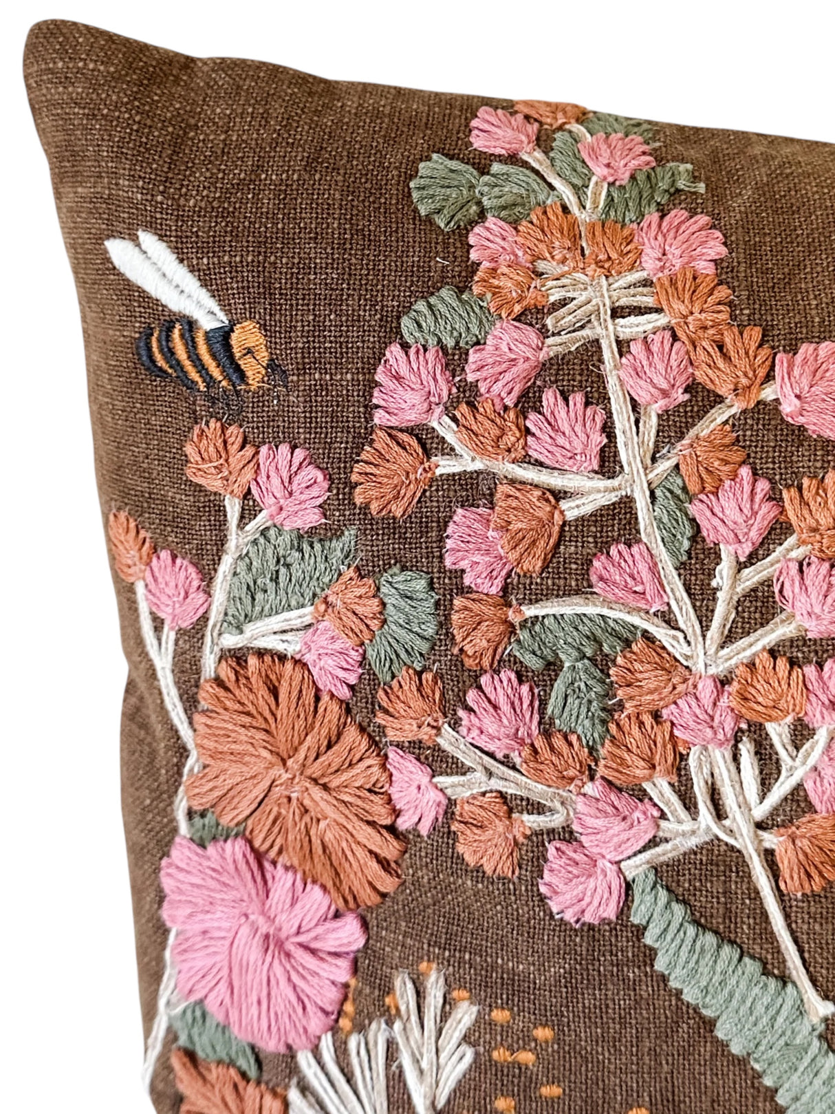 Embroidered Wildflower & Bee Lumbar Pillow