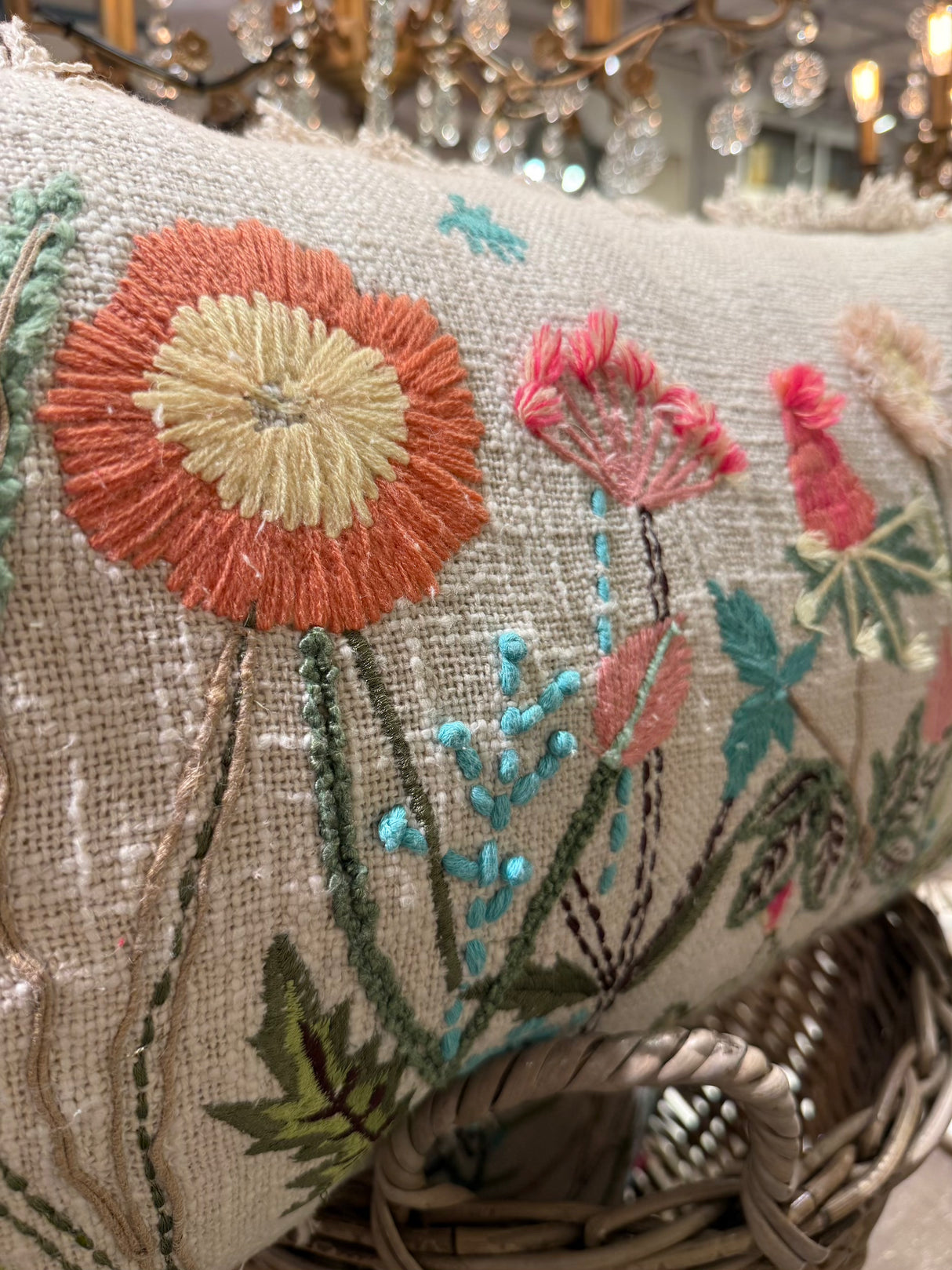 Embroidered Flower Cotton Lumbar Pillow with Fringe