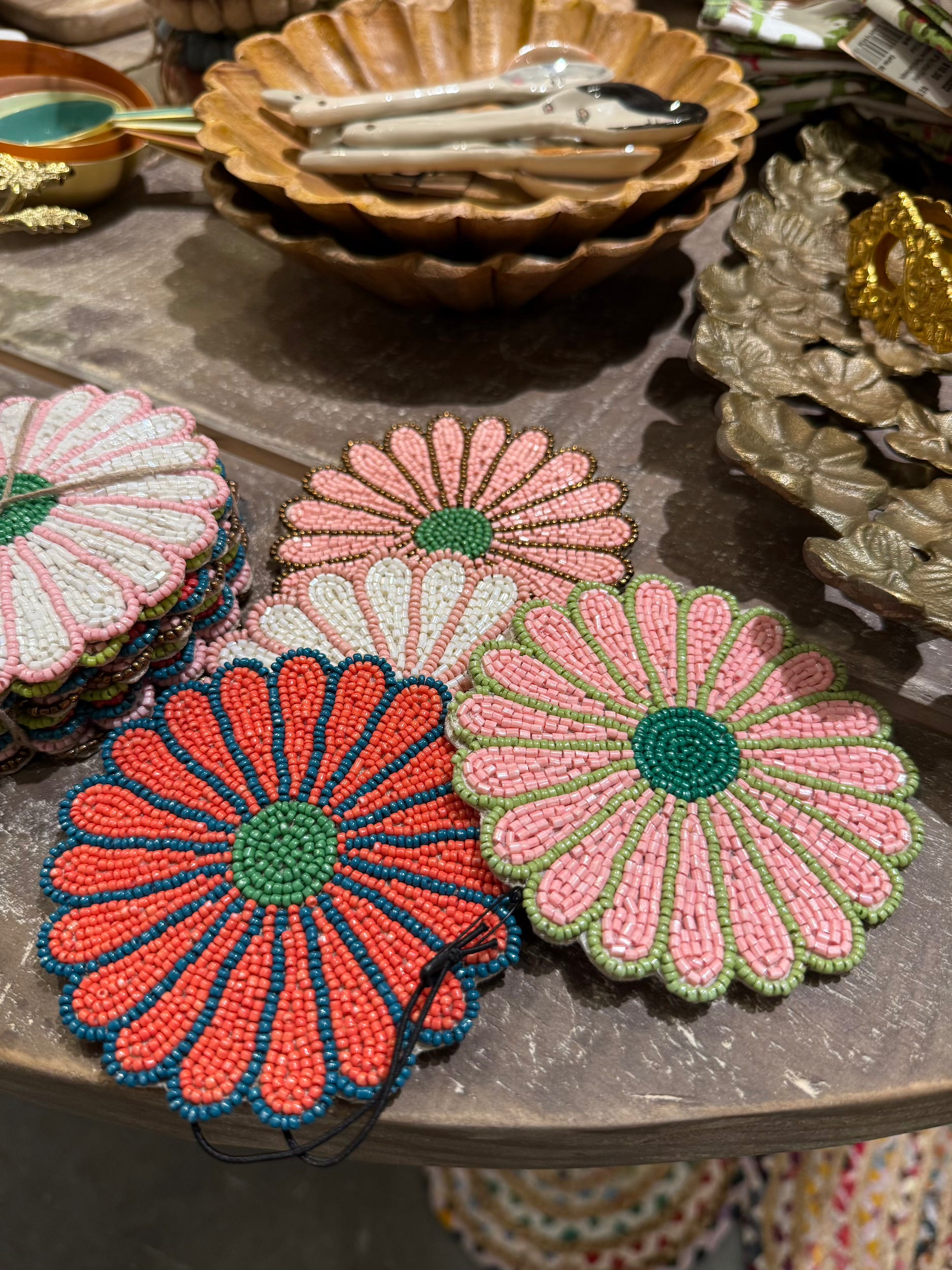 Handmade Glass Beaded Flower Drink Coasters Tied with Jute - Thumbnail 3