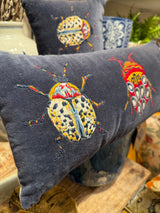 Beetle Pattern Cotton & Velvet Embroidered Blue Lumbar Pillow