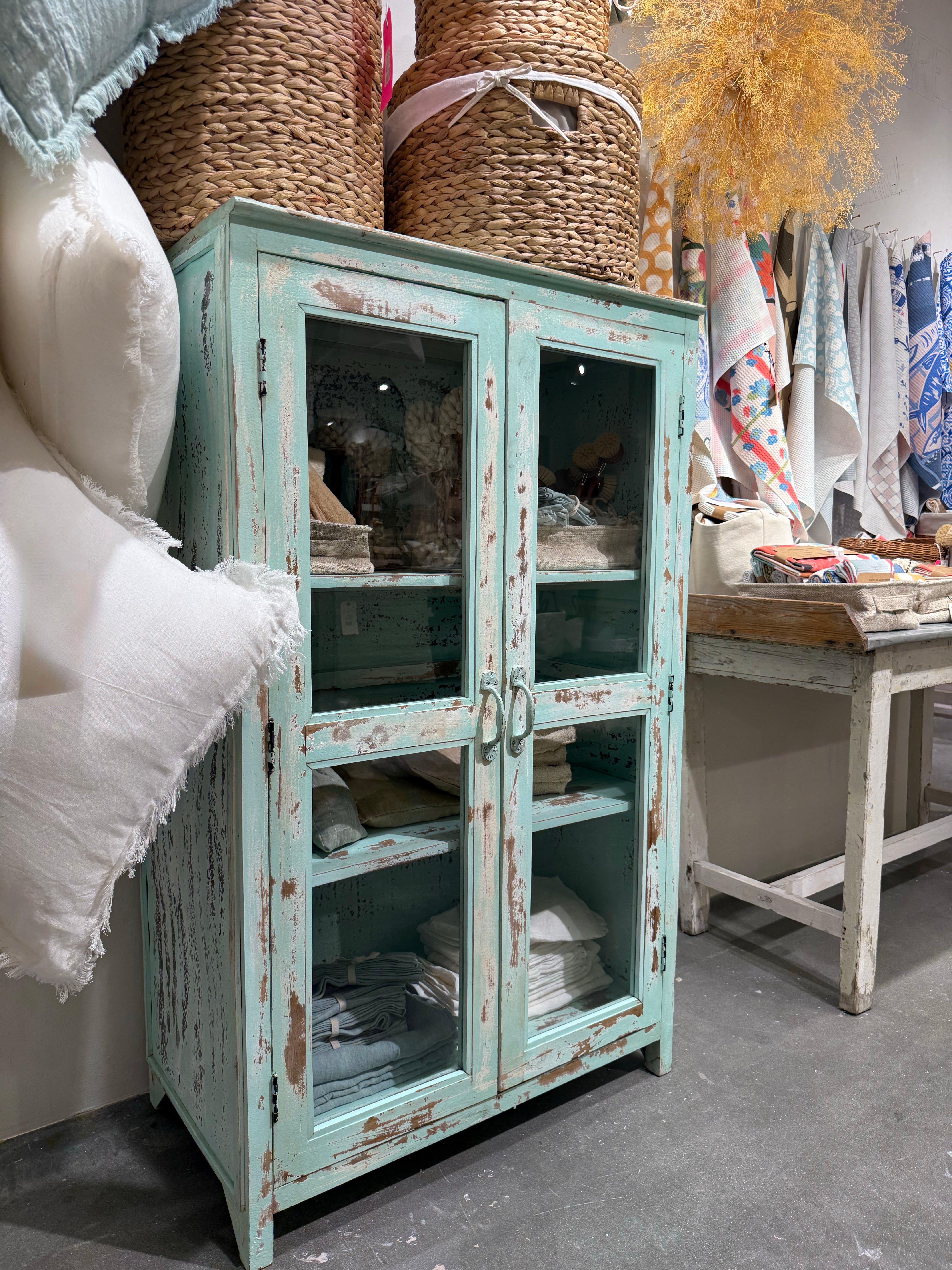 Vintage-Style Distressed Blue Mango Wood & Glass Cabinet | 2-Door