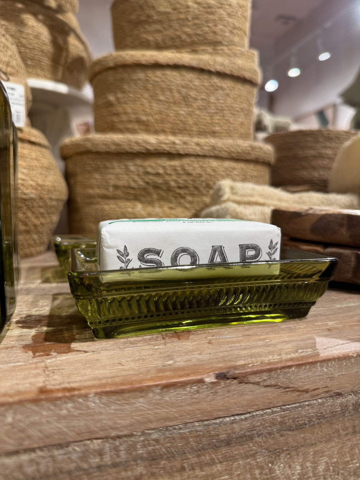 Olive Green Pressed Glass Rectangular Soap Dish