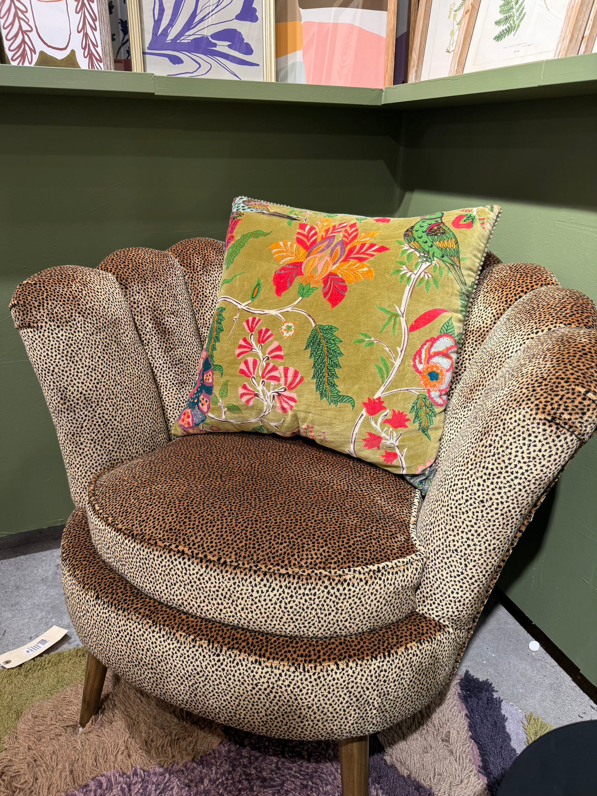 Floral Green Velvet Square Pillow with Pom Pom Trim