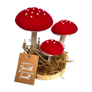 Cloth Mushroom Trio on Wood Base