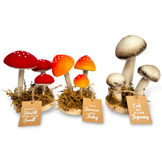 Cloth Mushroom Trio on Wood Base