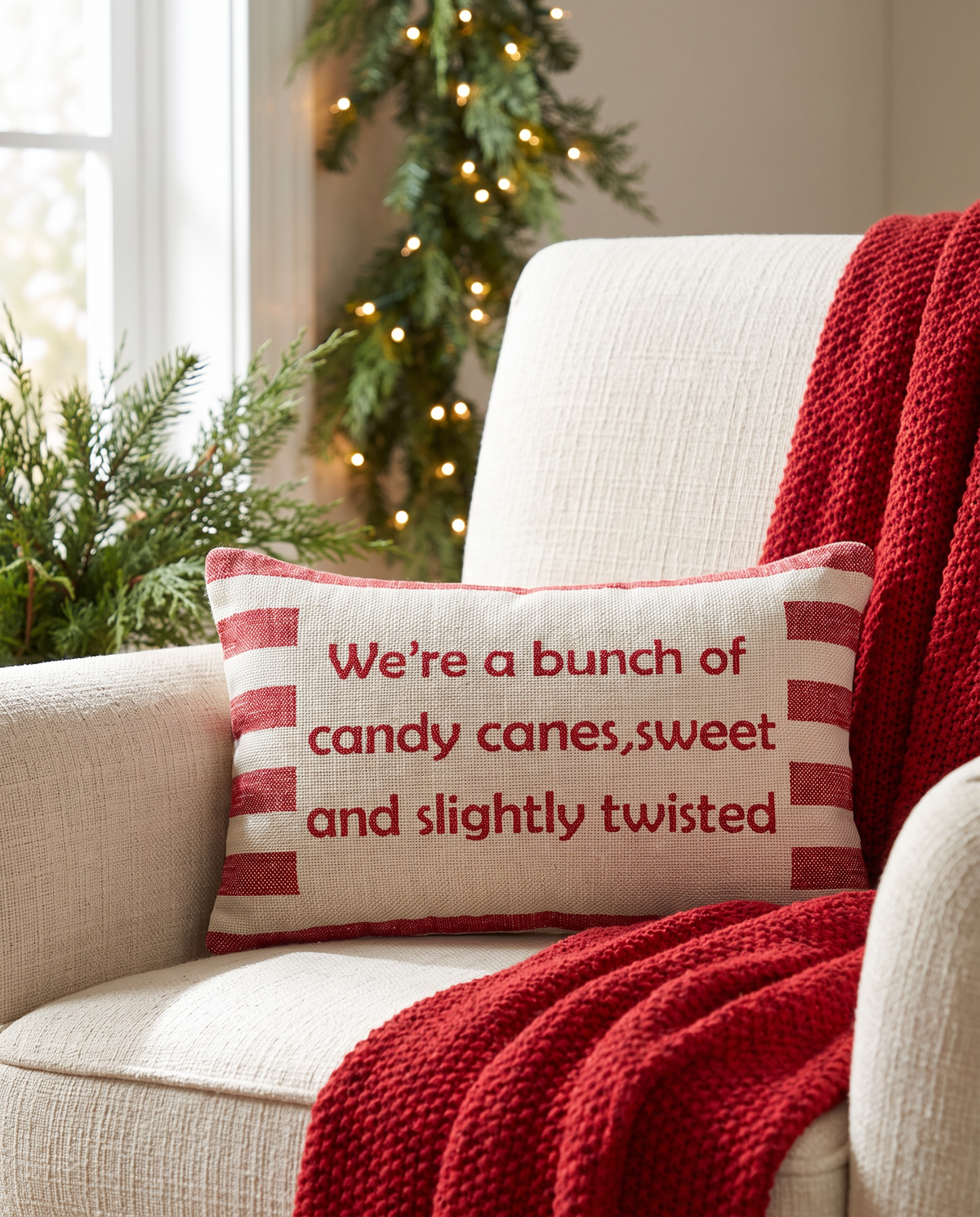 Sweet & Slightly Twisted Candy Cane Embroidered Pillow