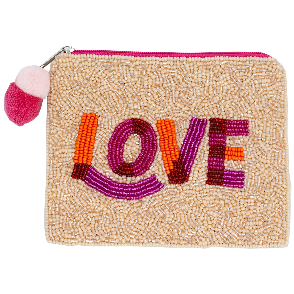 Love Peach Beaded Coin Pouch with Pom-Pom Zipper