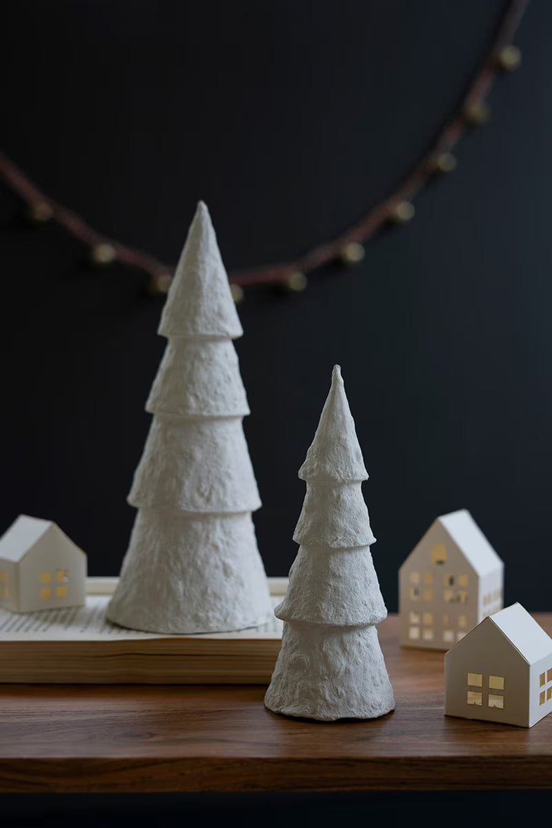 paper mache Christmas tree on a wood table