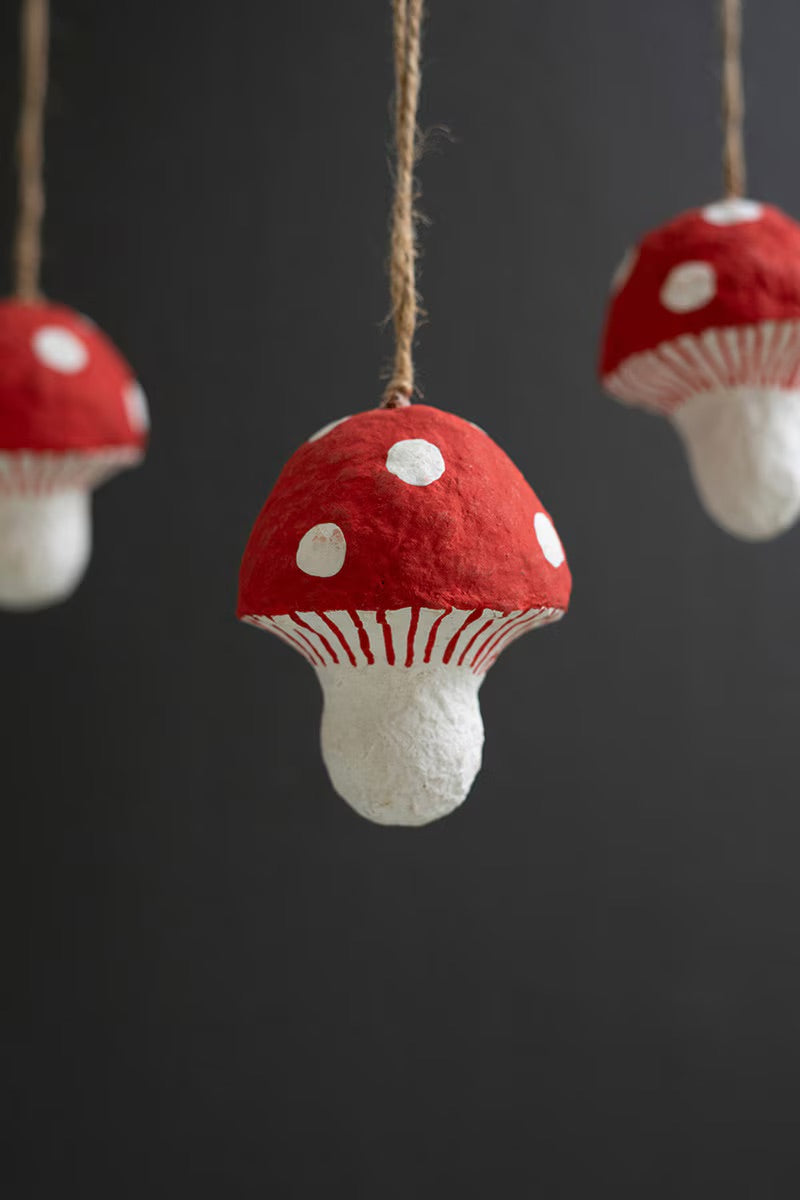 Red Paper Mache Mushroom Christmas Ornament