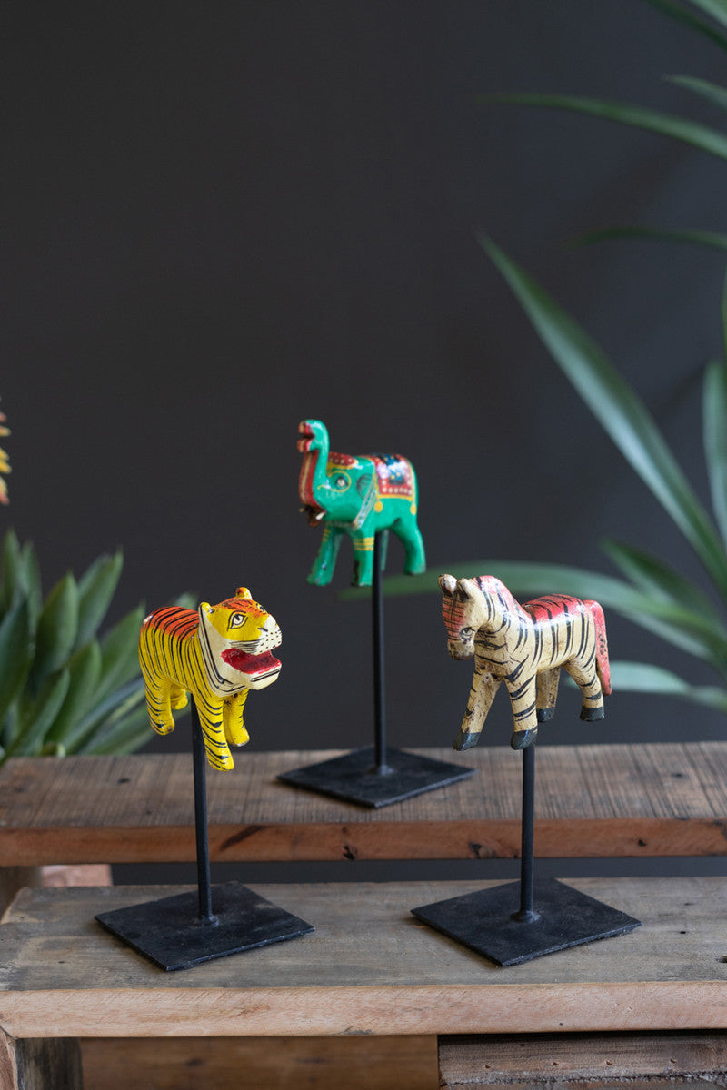 Hand-Painted Wooden Animals on Metal Stands