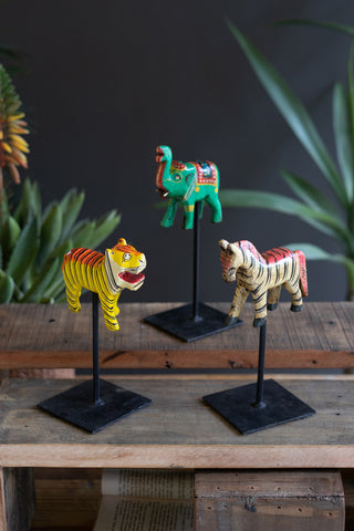 Hand-Painted Wooden Animals on Metal Stands