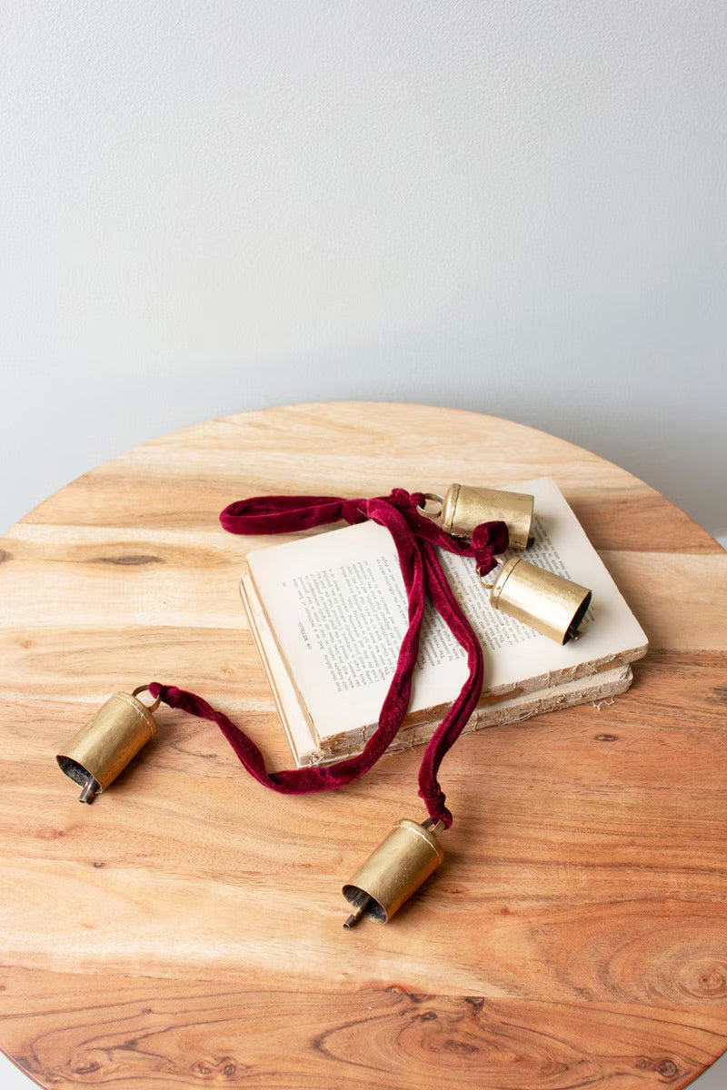 Metal Christmas Bell Cluster with Red Velvet Rope