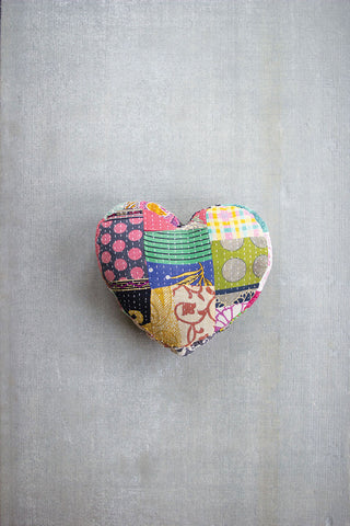 Hand-Stitched Heart Shape Kantha Pillow