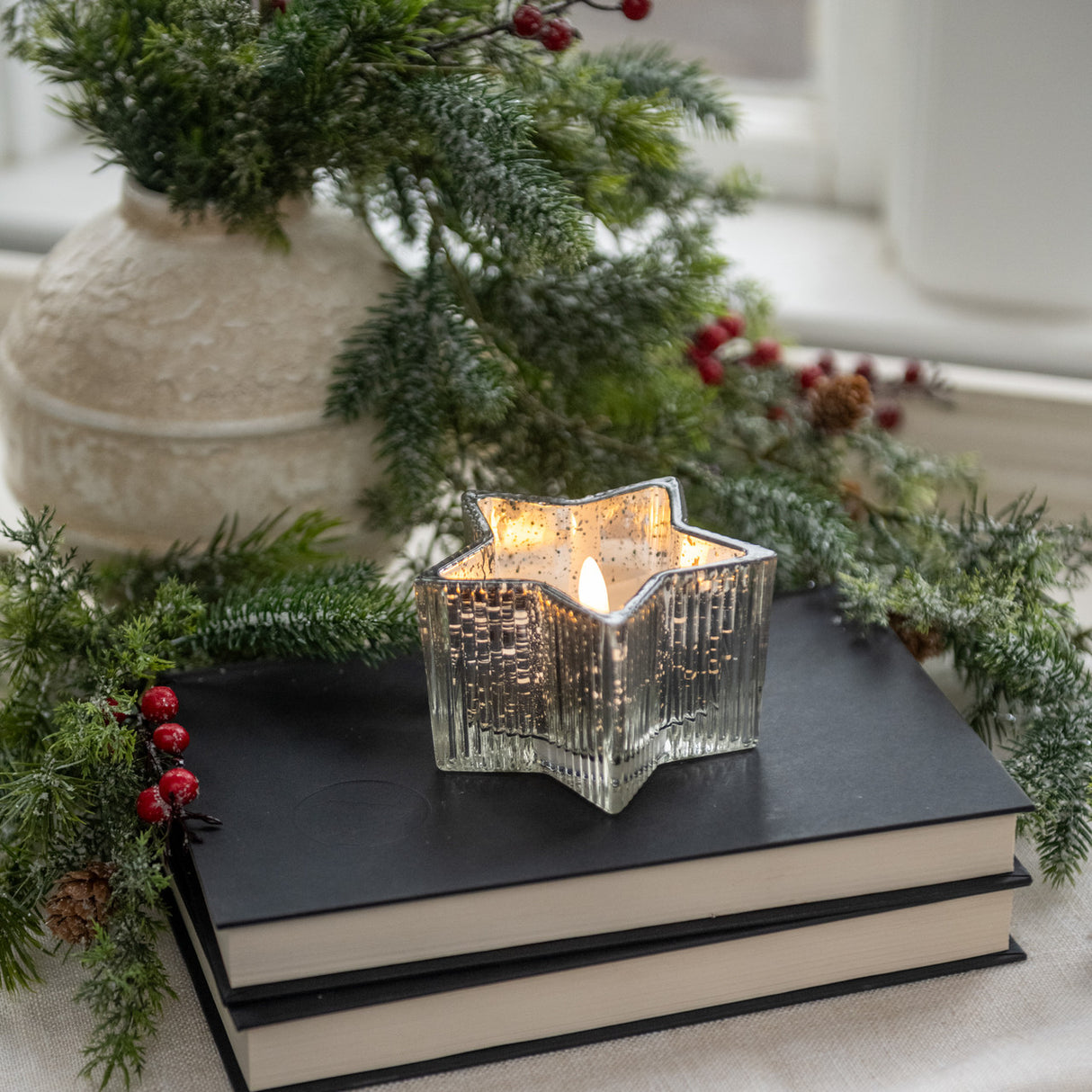 Silver Mercury Glass Star LED Flameless Candle