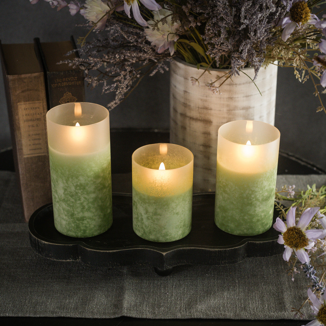 Green Frosted Glass LED Flickering Flame Candle - Thumbnail 4