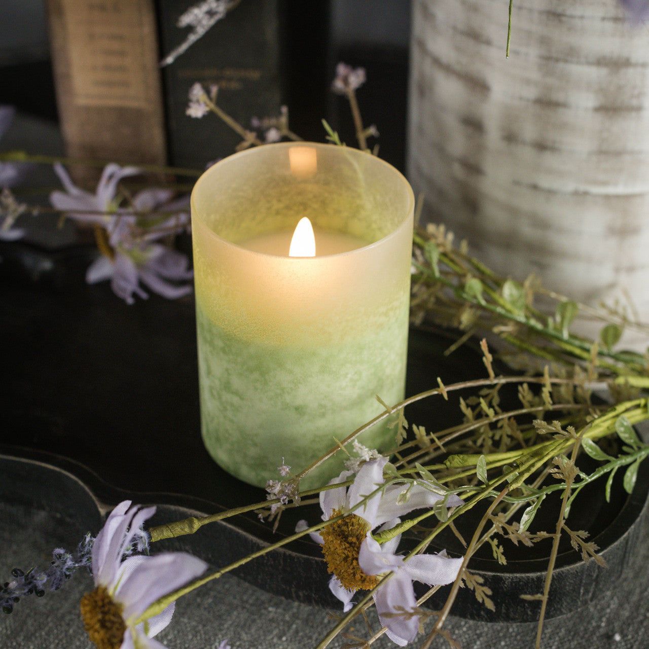 Green Frosted Glass LED Flickering Flame Candle - Thumbnail 3