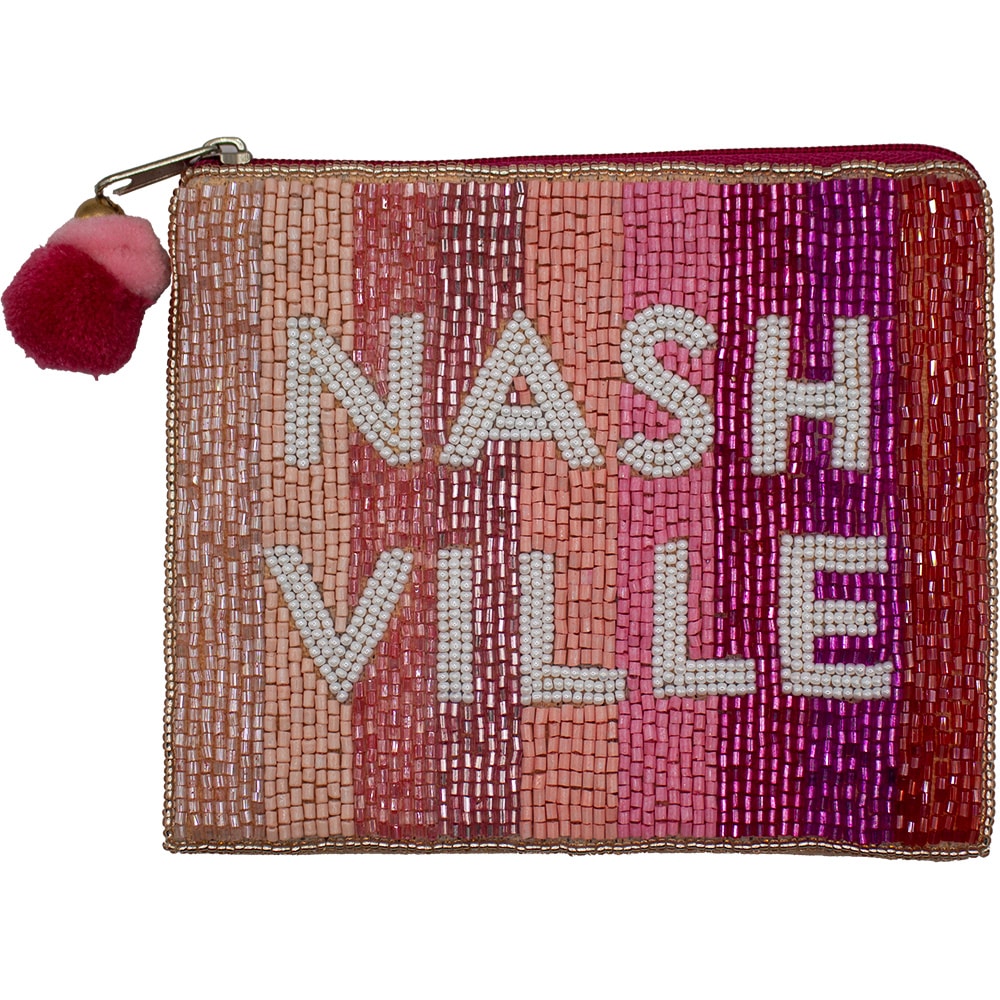 Nashville Pink Beaded Coin Pouch with Pom-Pom Zipper