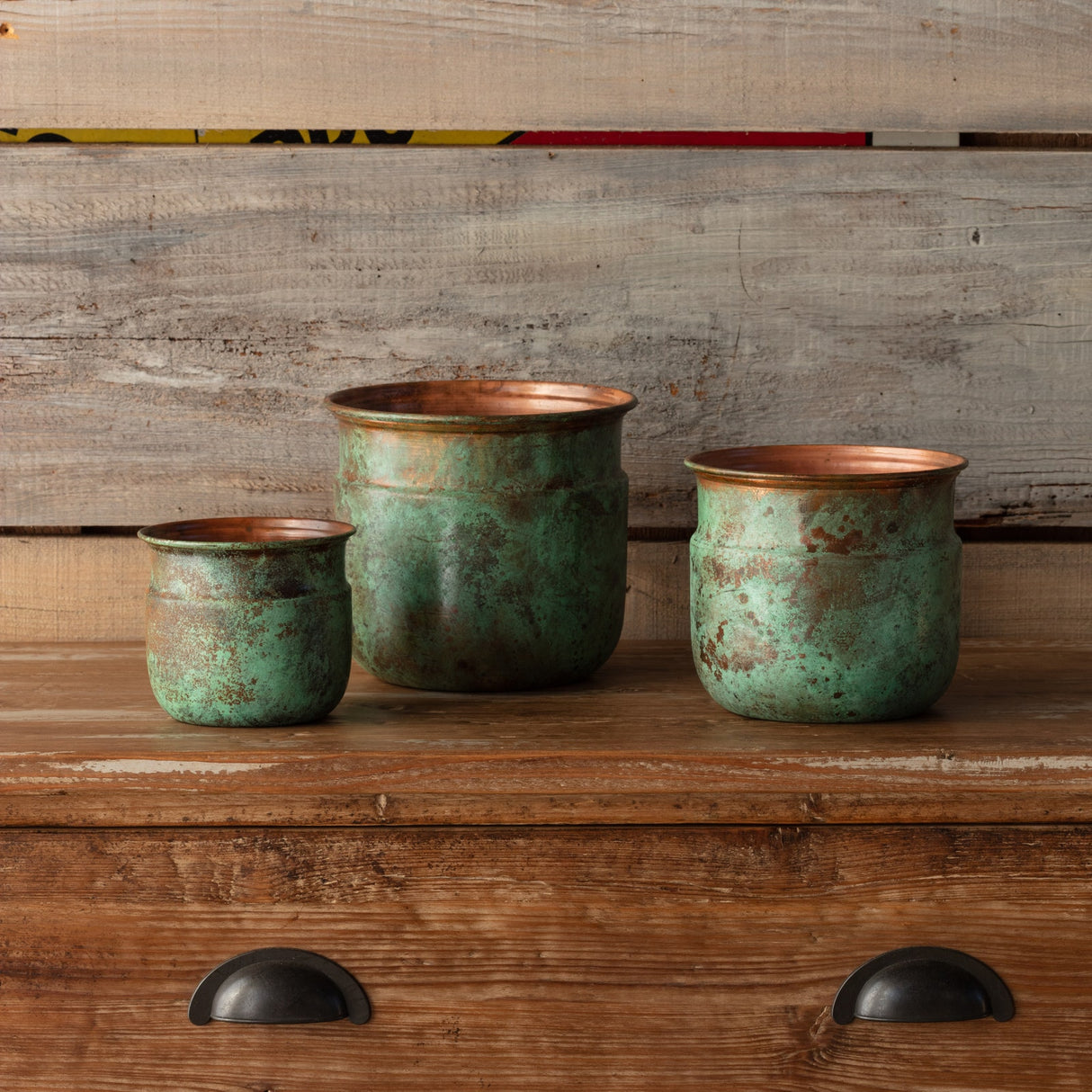 Distressed Patina Metal Tulip Planters