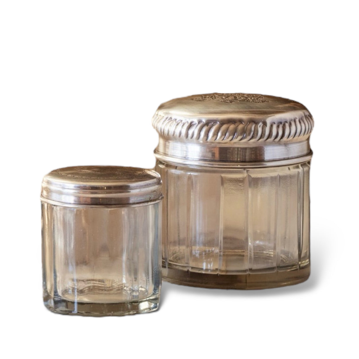 antique polished silver glass jars