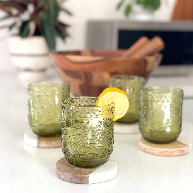 Green Embossed Floral Drinking Glass | 12 oz