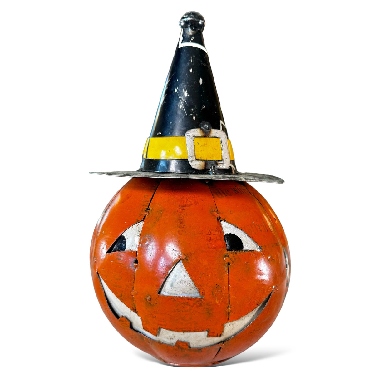 Recycled Metal Orange Pumpkin with Witch Hat
