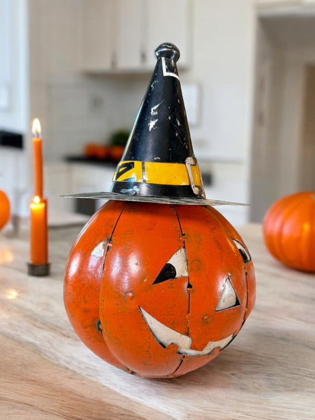 Recycled Metal Orange Pumpkin with Witch Hat