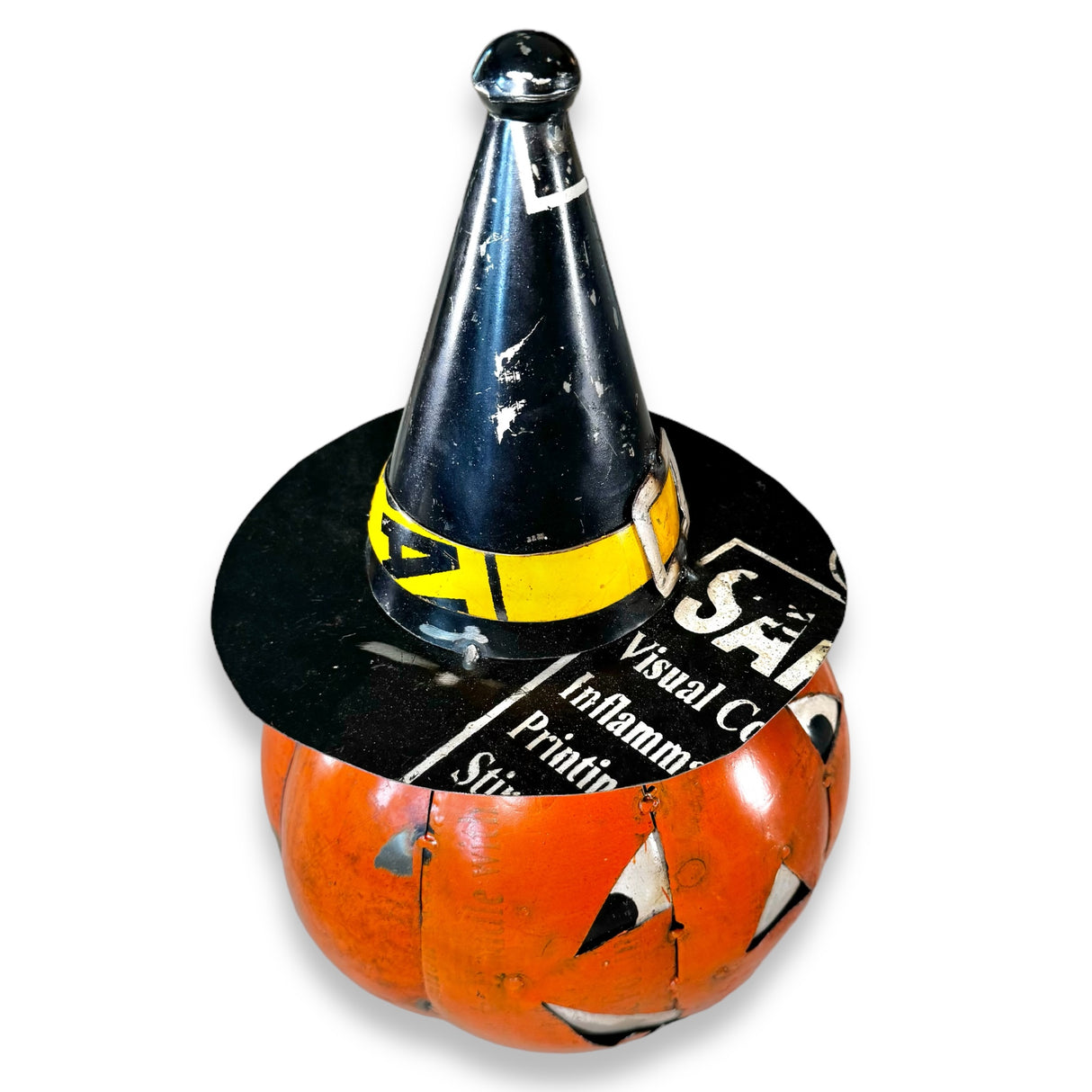 Recycled Metal Orange Pumpkin with Witch Hat