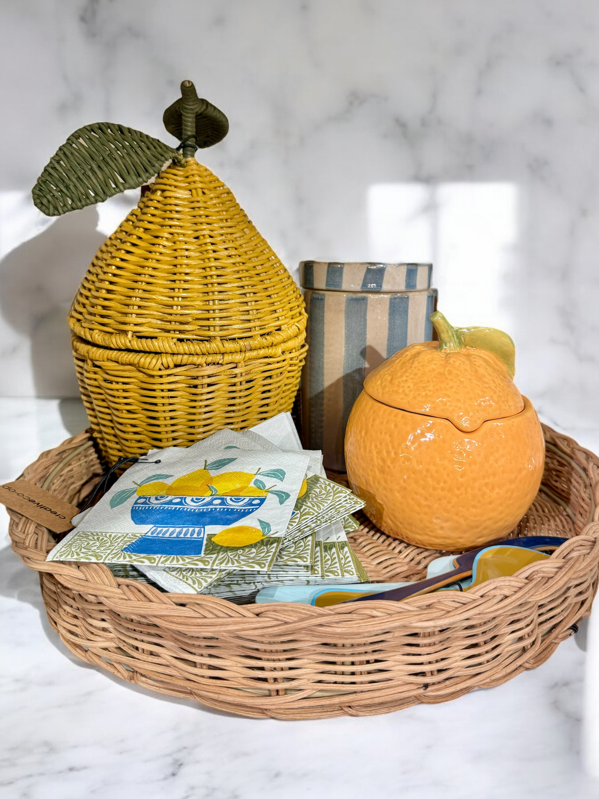 Hand-Woven Yellow Rattan Lemon Shaped Basket with Lid