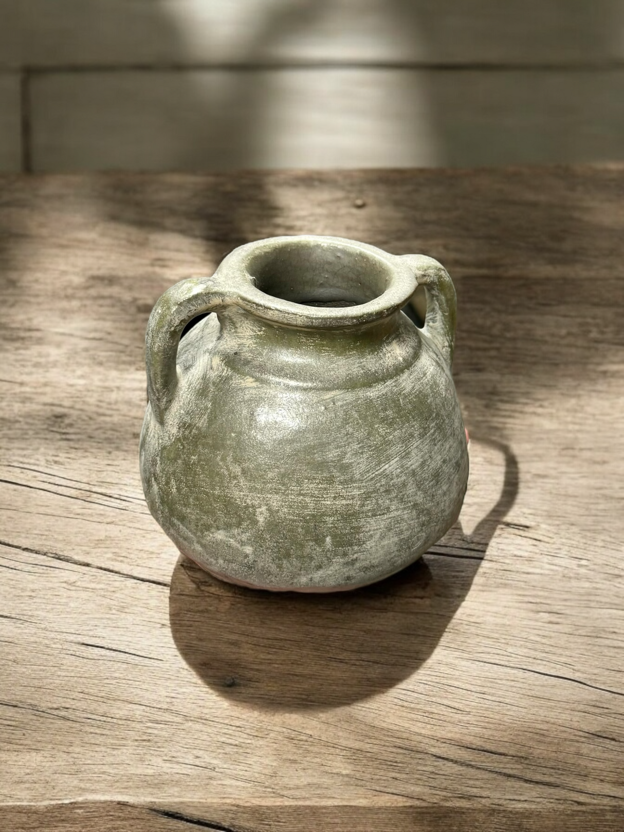 Antiqued Distressed Small Olive Cement Vase with Handles