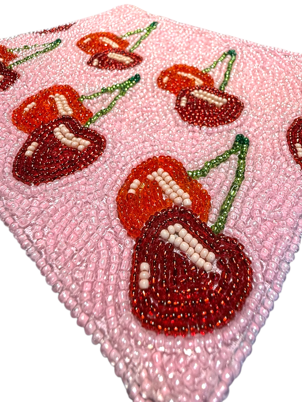 Red Cherries Pink Beaded Coin Pouch with Pom-Pom Zipper