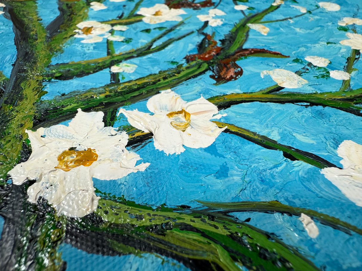 Hand-Painted Blossoming Branches on Blue Sky Canvas Art